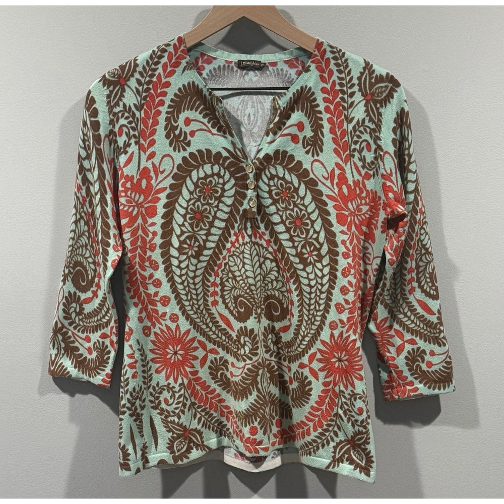 J. McLaughlin Women's Paisley Button V-Neck 3/4 Sleeve Light Sweater Size Medium